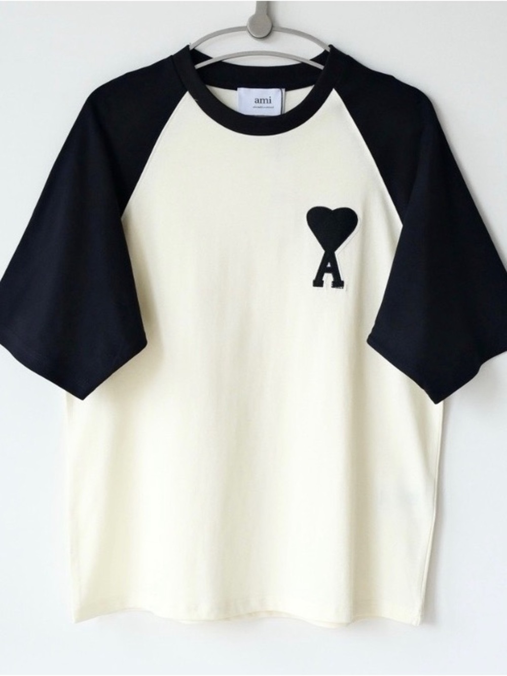 Ami Cream Tee with Black Raglan Sleeves and Heart A Logo